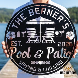 Op de afbeelding: Een zwart metalen bord met de tekst "THE BERNER'S Pool & Patio" in een cirkelvormig ontwerp. Het bord bevat afbeeldingen van stoelen, drankjes en bloemen. De tekst "SIPPING & CHILLING" is ook opgenomen. Het bord wordt door een persoon vastgehouden.