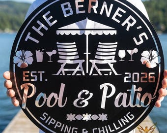 Custom Family Pool & Patio Metal Sign, Tropical Backyard Decor