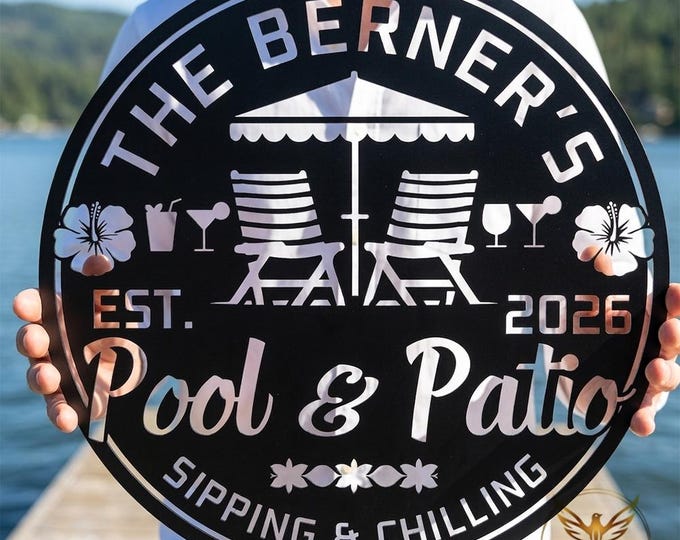 Custom Family Pool & Patio Metal Sign, Tropical Backyard Decor