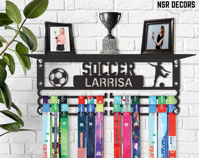 Personalized Soccer Medal Hanger with Trophy Shelf: Custom Name Display