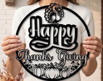 Happy Thanksgiving Metal Sign, Turkey Pumpkin Wall Art, Autumn Harvest Door Hanger, Farmhouse Porch Decor, Seasonal Hostess Gift