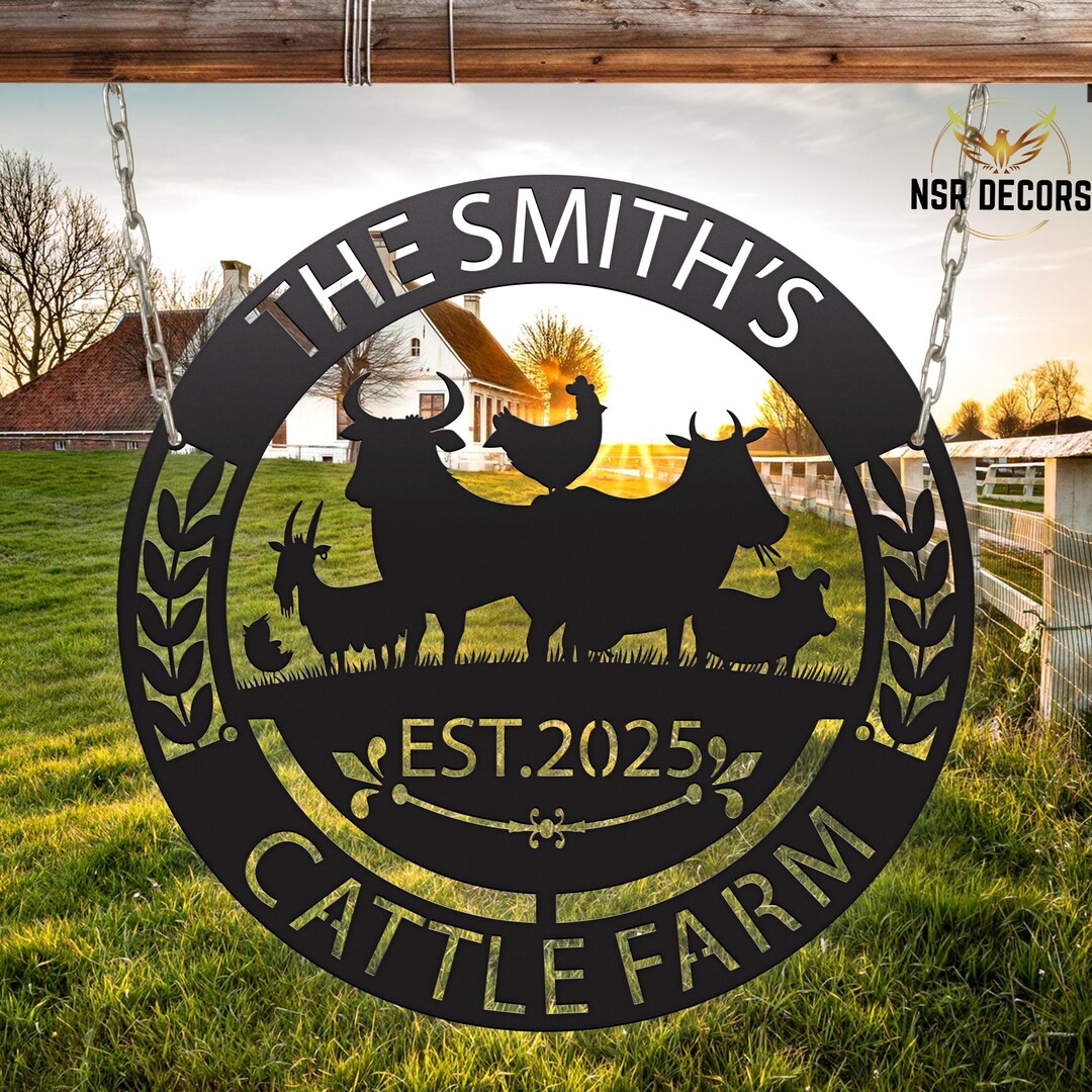 Custom Cattle Farm Sign With Animals, Family Cattle Ranch Name Plaque ...