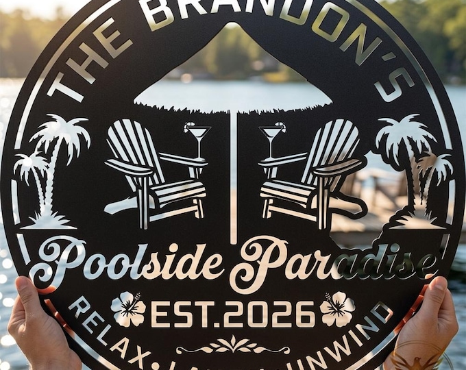 Personalized Poolside Paradise Metal Sign, Family Name Outdoor Decor