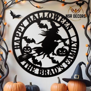 Happy Halloween Witch Metal Sign, Personalized Family Name Halloween Décor, Flying Witch with Bats & Pumpkins, Halloween Wall Art