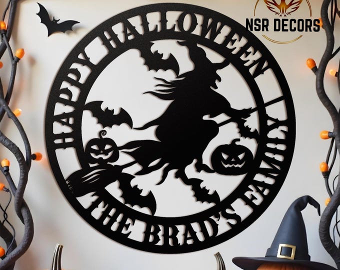 Personalized Halloween Witch Metal Sign: Flying Witch, Bats & Pumpkins