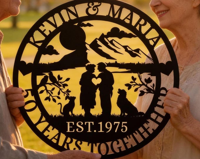 Personalized Anniversary Metal Sign, Rustic Couple Silhouette, Custom Wedding Gift