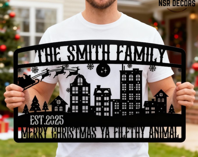 Personalized Santa Sleigh Metal Sign, Holiday Door Hanging, Family Name Christmas Décor