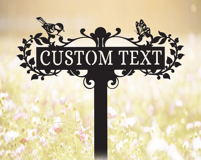 Custom Metal Garden Sign with Bird & Butterfly Stake
