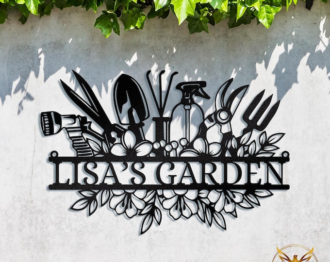 Personalized Garden Sign: Floral Metal Garden Tool Plaque