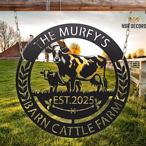 Personalized Barn Cattle Farm Sign-Cow Door Hanger-Farmer Home Decor-Metal Ranch Name Sign-Cow and Calf Outdoor Sign-Farm Gift Barn Décor