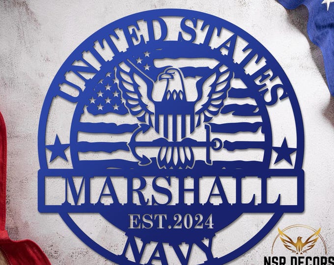 US Navy Crest Metal Sign, Military Retirement Gift, American Flag Wall Decor