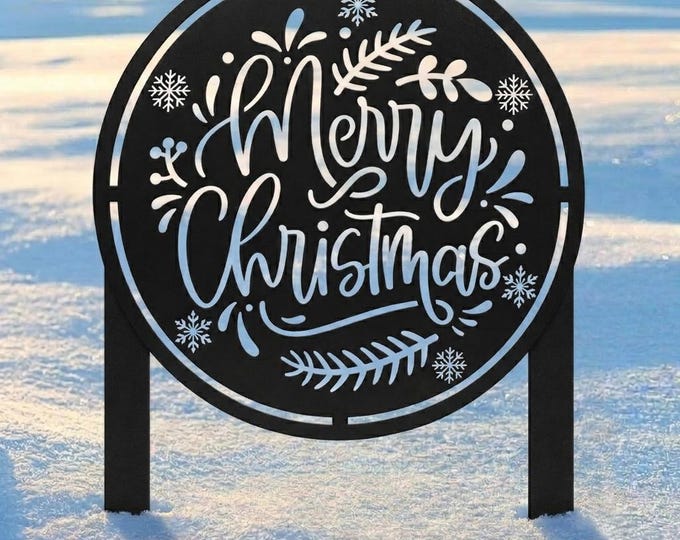 Round Merry Christmas Metal Lawn Plaque, Snowy Garden Stake, Seasonal Front Yard Display, Winter Porch Ornament, Black Steel Welcome Decor