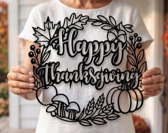 Happy Thanksgiving Round Metal Wreath, Pumpkin Mushroom Wall Hanging, Autumn Wheat Door Decor, Rustic Woodland Harvest Hostess Present