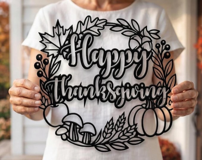 Happy Thanksgiving Round Metal Wreath, Pumpkin Mushroom Wall Hanging, Autumn Wheat Door Decor, Rustic Woodland Harvest Hostess Present
