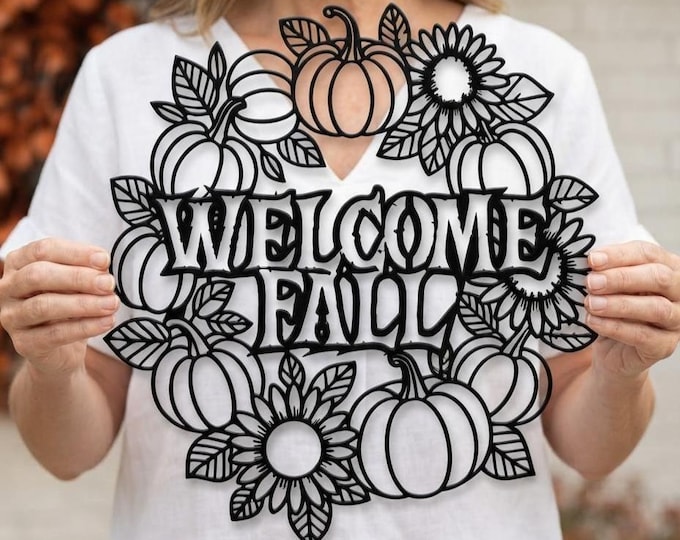 Sunflower Pumpkin Metal Sign, Welcome Autumn Floral Wall Hanging, Rustic Harvest Porch Accent, Seasonal Farmhouse Housewarming Present