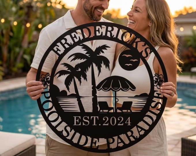 Personalized Poolside Paradise Metal Sign, Custom Family Name Backyard Decor