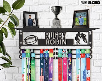 Personalized Metal Medal Hanger with Shelf: Athlete Trophy Display