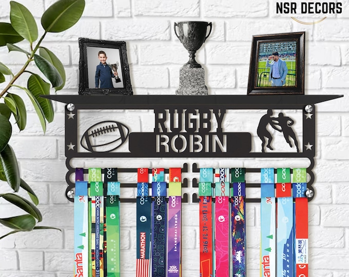 Personalized Metal Medal Hanger with Shelf: Athlete Trophy Display