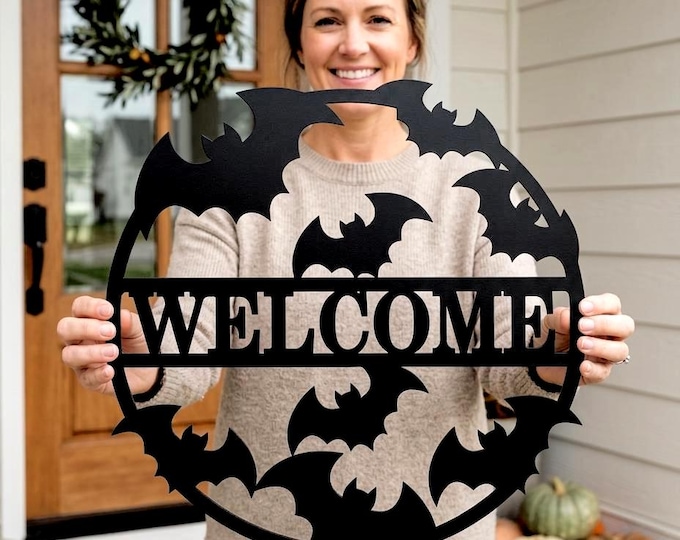 Halloween Bat Welcome Sign, Black Metal Door Decor, Gothic Farmhouse Wall Art