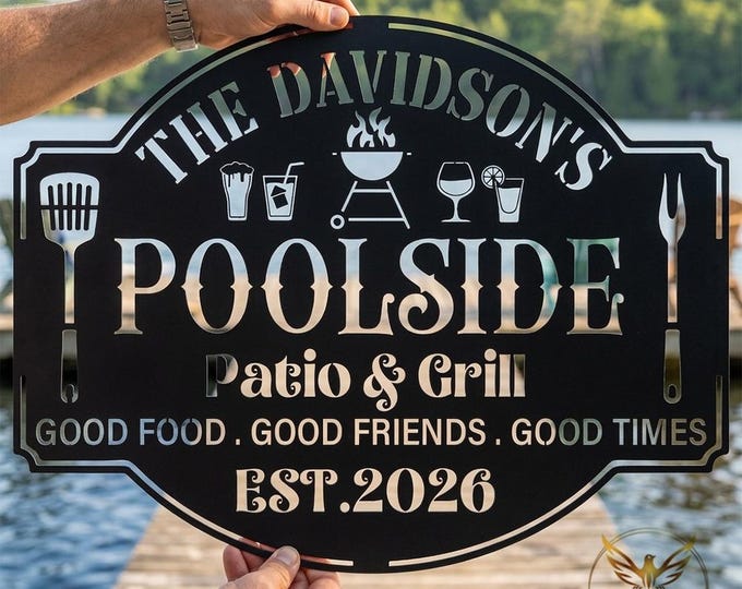 Personalized Poolside Patio Grill Metal Sign, Custom Backyard BBQ Decor