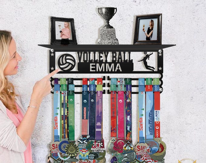Personalized Volleyball Medal Hanger with Trophy Shelf: Metal Sports Ribbon Display