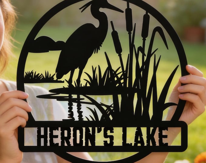 Custom Heron Metal Sign: Lake House Address, Coastal Decor, Rustic Nature Gift