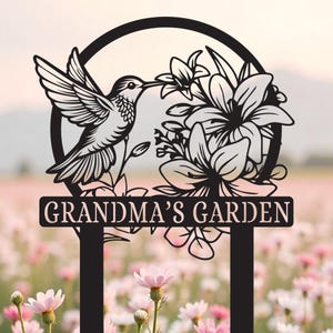Estaca de metal para jardín con forma de colibrí NSR, letrero personalizado con nombre, arte de metal para jardín, letrero de entrada de horticultura, regalo para jardineros