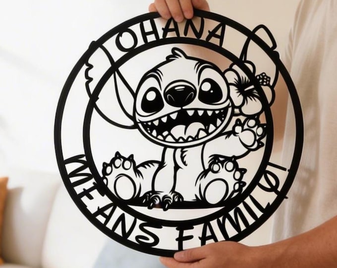 Stitch Ohana Means Family Metal Sign, Personalized Name Wall Art, Custom Decor