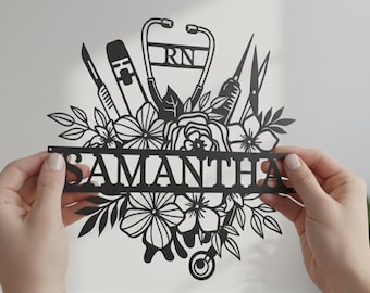 Personalized Floral Nurse Metal Sign: RN, LPN Gift