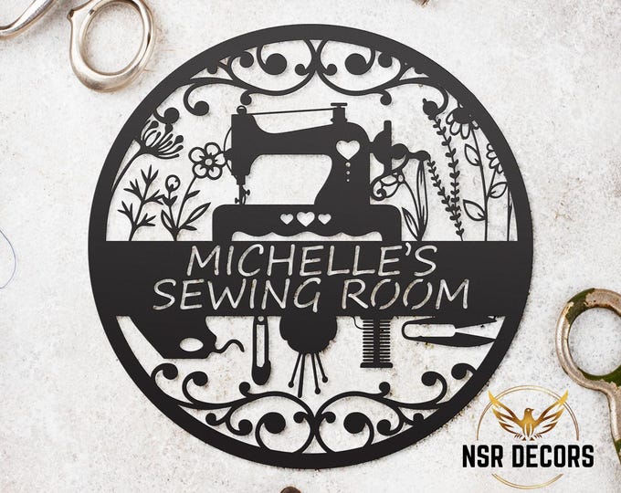 Custom Metal Sewing Room Sign: Floral Quilting Decor