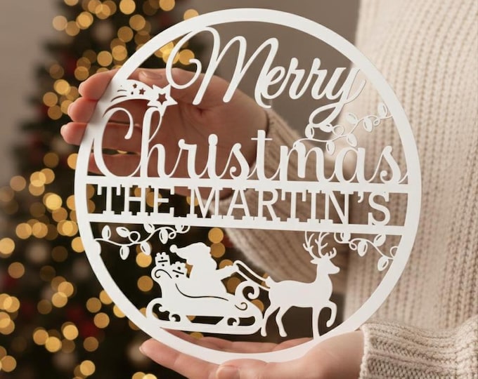 Personalised Merry Christmas Family Name Wall Art | Santa Sleigh Reindeer Holiday Decoration | Xmas Decor