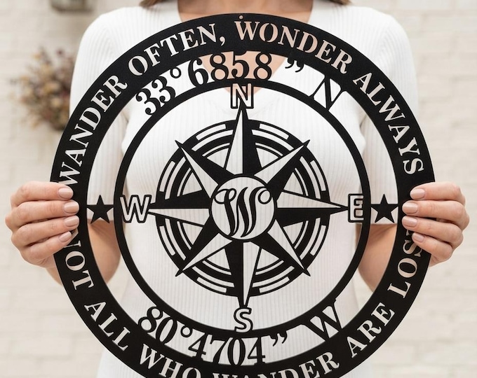 Personalized Compass Metal Wall Sign | Rustic Nautical Wall Decor | Adventure Travel Gift |