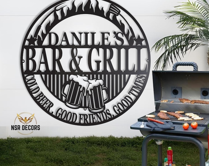 Custom Bar and Grill Metal Sign: Personalized Outdoor Kitchen Decor