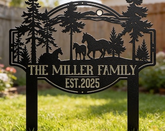 Personalized Horse Family Metal Yard Sign, Custom Farm Ranch Decor, Housewarming Gift