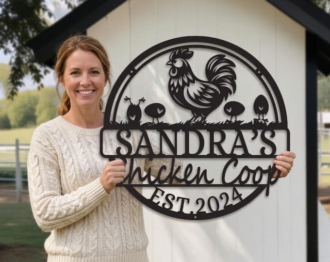Personalized Chicken Coop Metal Sign, Farmhouse Rooster Decor, Custom Hen House Hanging