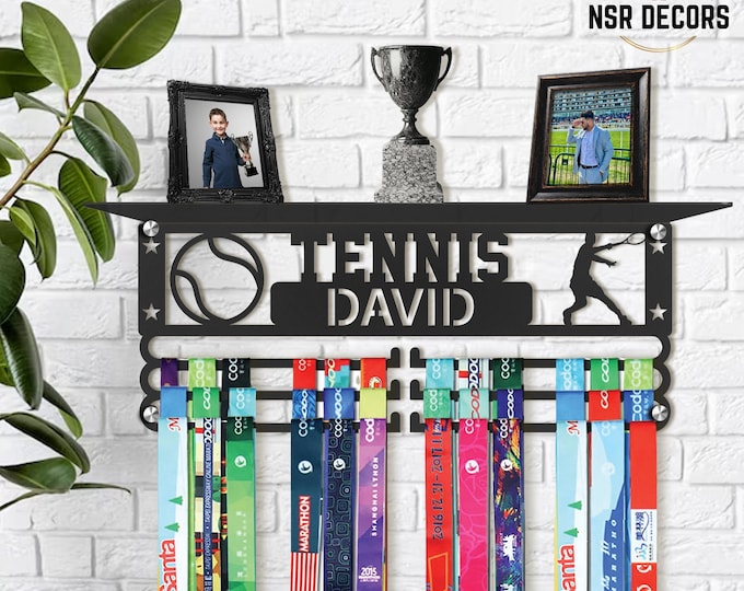 Custom Tennis Medal Hanger with Trophy Shelf: Personalized Metal Wall Decor