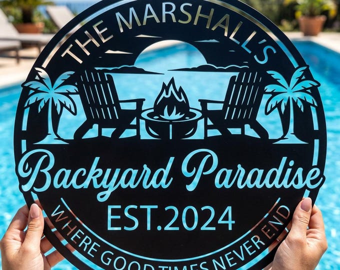 Personalized Metal Backyard Sign, Custom Family Name Poolside Decor, Fire Pit Art