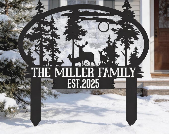 Personalized Deer Family Metal Yard Sign, Wildlife Outdoor Camping Decor, Gift for Deer Lovers