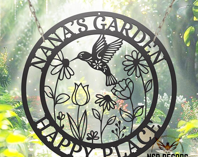 Custom Hummingbird Metal Garden Sign, Floral Outdoor Decor