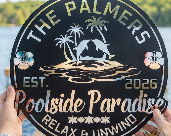 Personalized Metal Pool Sign, Tropical Dolphin Island Decor, Family Name Patio Plaque