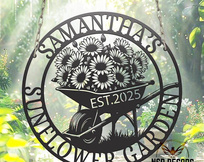 Personalized Sunflower Wheelbarrow Garden Sign: Custom Metal Family Name Plaque
