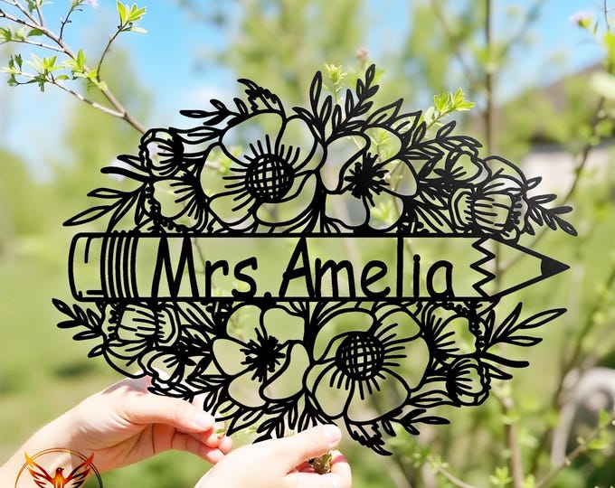 Personalized Teacher Name Sign: Floral Pencil Metal Plaque