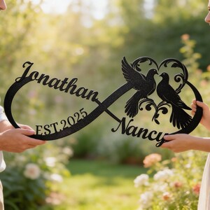 Letrero metálico de infinito personalizado, pájaros del amor, nombres personalizados, regalo de despedida de soltera, regalo de San Valentín