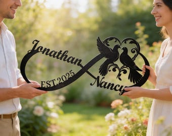 Personalized Infinity Metal Sign, Love Birds, Custom Names, Bridal Shower Gift, Valentines Gift