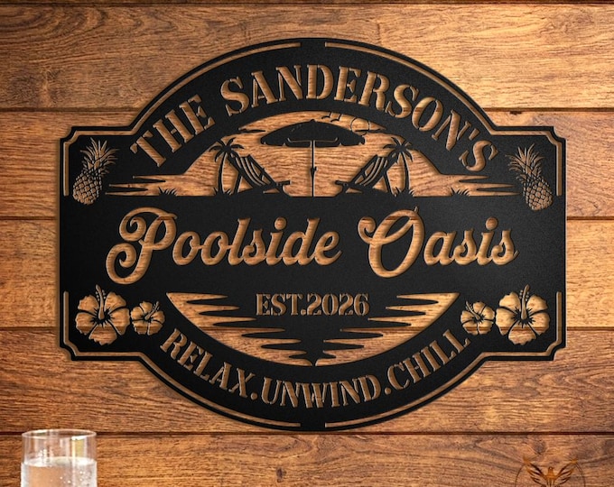 Personalized Poolside Oasis Metal Sign, Custom Family Name Patio Decor