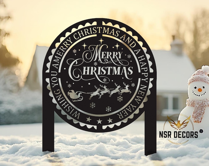Merry Christmas and Happy New Year Metal Yard Sign, Santa Sleigh Lawn Decoration
