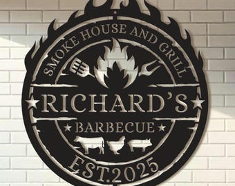 Personalized Metal BBQ Sign – Custom Smoke House & Grill Wall Art – Outdoor Kitchen Decor – Gift for Grill Master - Garden BBQ Plaque