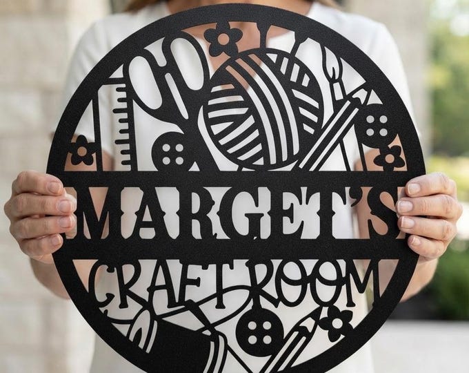 Knitting Room Metal Sign, Crochet Wall Decor, Yarn Lover Gift, Craft Room Door Hanger, Personalized Hobby Room Sign