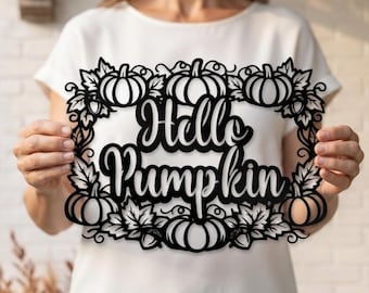 Hello Pumpkin Steel Wall Decor, Autumn Botanical Frame, Gourd Vine Porch Hanging, Cozy Farmhouse Entryway Accent, Seasonal Host Gift