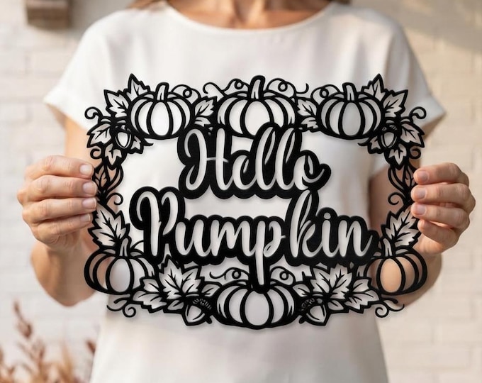 Hello Pumpkin Steel Wall Decor, Autumn Botanical Frame, Gourd Vine Porch Hanging, Cozy Farmhouse Entryway Accent, Seasonal Host Gift
